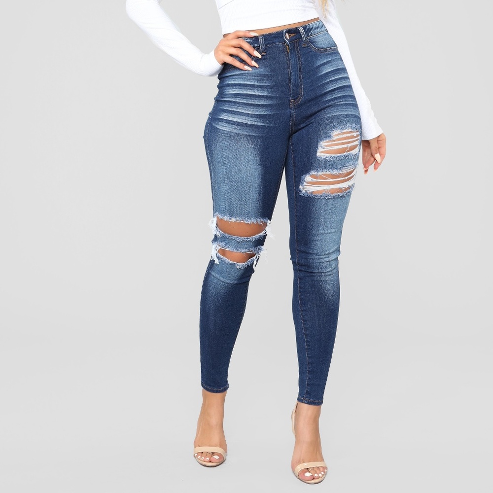Fashion Nova Medium Blue Washed Distressed Jeans